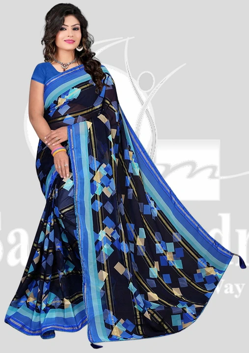 Wetless Printed Saree with Satin Patta & Piping - BW - Blue Mix